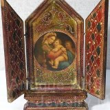 【大型サイズ】イタリア アンティーク「聖母子の画家」ラファエロ・サンティ作『小椅子の聖母』３枚続きの祭壇画（高さ245ミリ）【バーゲン】