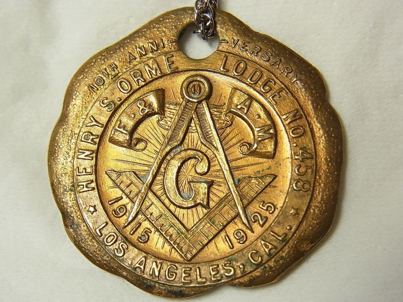 画像: アメリカ ロスアンジェルス アンティーク １９２５年 秘密結社フリーメイソン メダル 31mm(チェーン有。無し-300円引き）