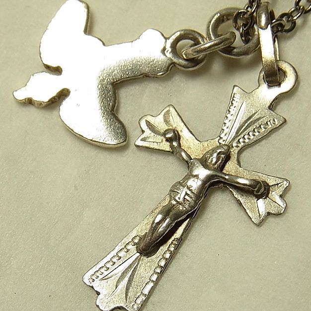 画像1: 【バーゲン】アンティーク シルバー（銀製）miniクロス＋「聖霊のシンボル“鳩”メダイ