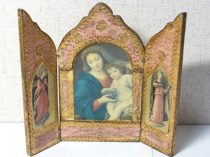 画像: イタリア アンティーク  Madonna and Child ３枚続きの祭壇画（高さ１５８ミリ）