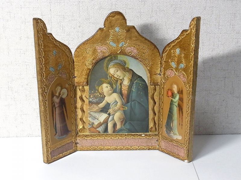 画像: イタリア アンティーク サンドロ・ボッティチェッリ作 Madonna and Child ３枚続きの祭壇画（高さ１９４ミリ）