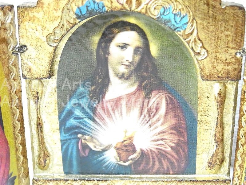 画像: 【小型サイズ】イタリア アンティーク  聖イエス みこころ 【傷といばらの冠は受難、炎は愛の変容させる力を表象。】 ３枚続きの祭壇画（高さ１１２ミリ）