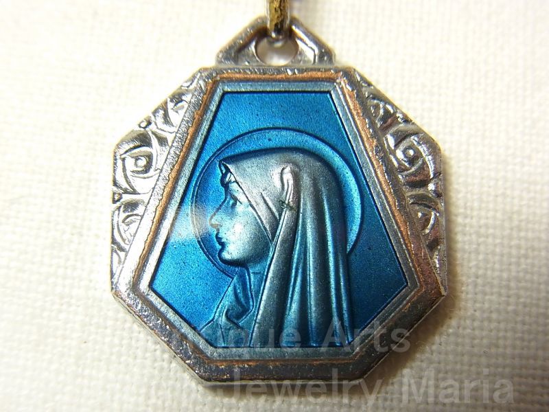画像: フランス アンティーク ルルドの聖母マリア ブルー《薔薇の意匠》エナメル　メダイ　17×20mm