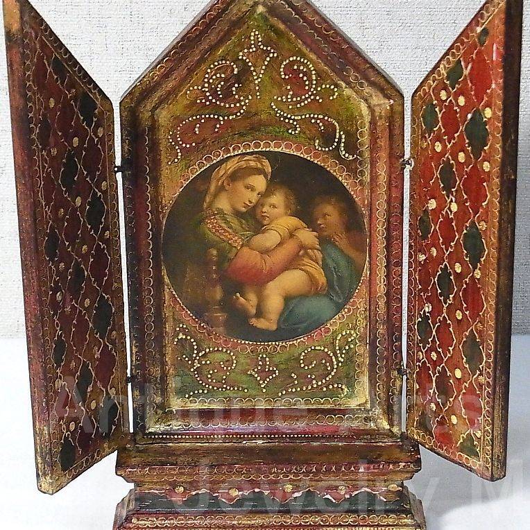 画像1: 【大型サイズ】イタリア アンティーク「聖母子の画家」ラファエロ・サンティ作『小椅子の聖母』３枚続きの祭壇画（高さ245ミリ）【バーゲン】