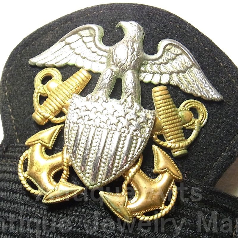 画像1: 第二次世界大戦 当時もの アメリカ 海軍 将校帽子エンブレム STERLING（銀925）バッチ  60×60mm ベルト付き【参考画像有り】【大型・フルサイズ】【バーゲン】