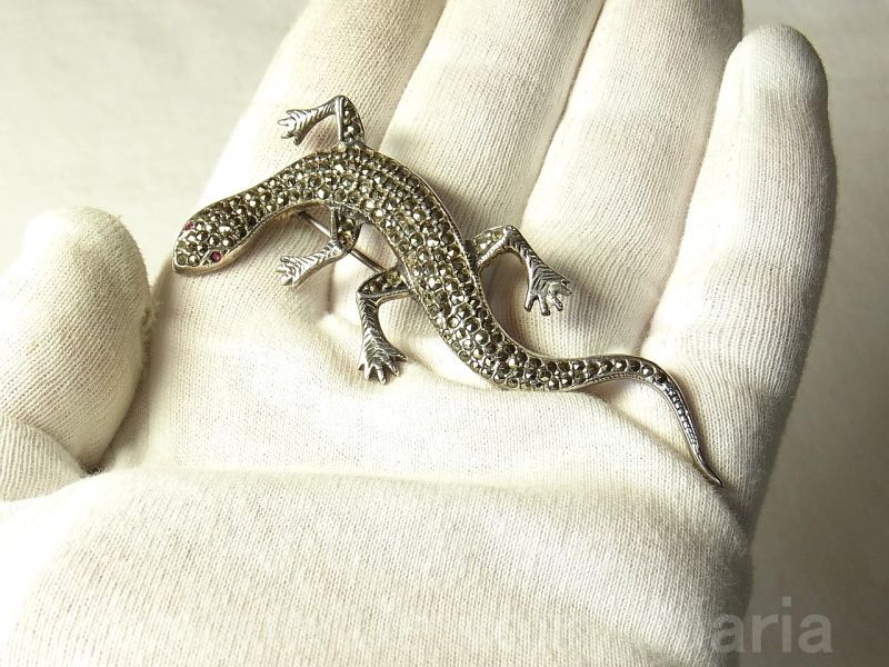 画像: ヴィンテージ STERLING(銀925製) マーカサイト 蜥蜴（トカゲ）のブローチ 77mm《爬虫類マニアにおすすめ！キモかわいい》